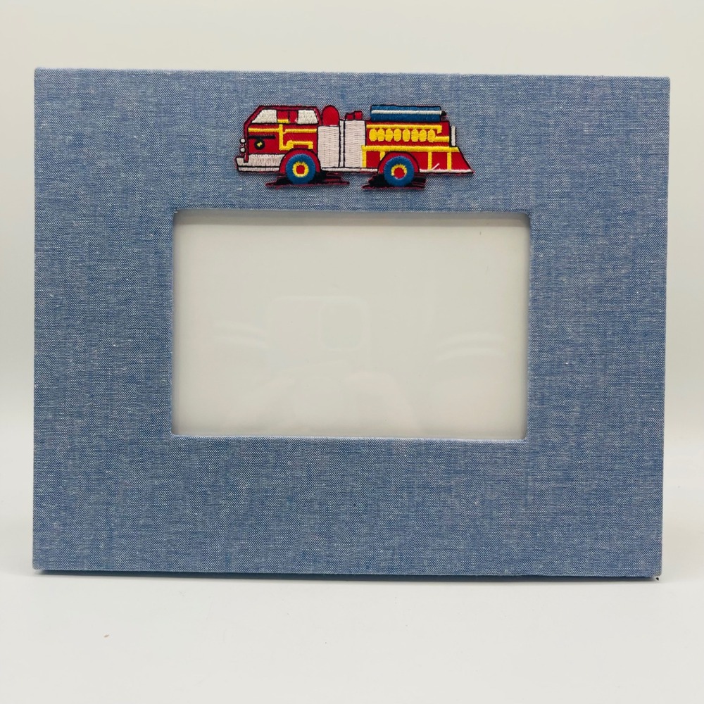 Blue Chambray 4x6 Picture Frame with Embroidered Fire Truck Patch Nursery Decor
